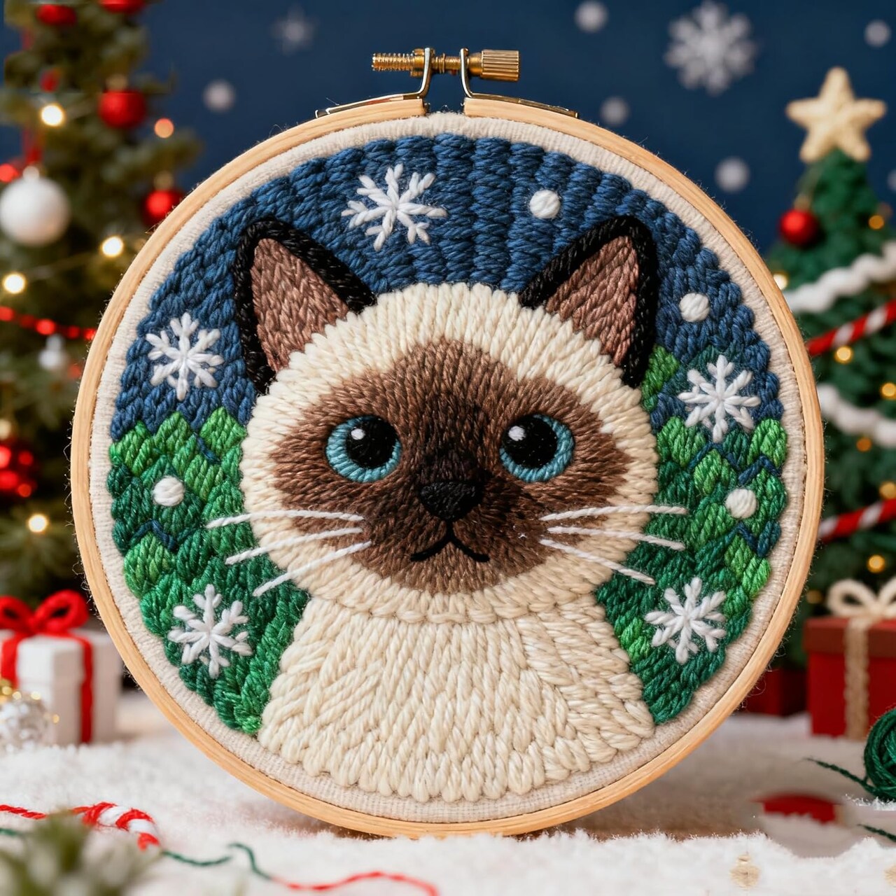 DIY Punch Needle Kit – Siamese Cat Christmas Embroidery Set for Beginners with Hoop, Needlepoint Craft, and Home Decor (20x20cm)
